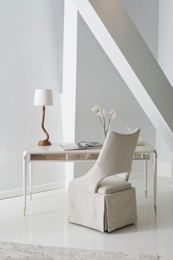 Sincerely Yours desk pairs well with the chenille Roll With It chair. The two pieces by caracole
