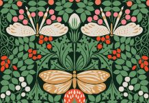 The Butterfly Garden wallpaper by York Wallcoverings reflects the artist’s rhythmic use of natural motifs