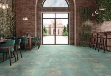 Verdigris Elements for Every Room Floors covered in the Oxo Verdigris tile (made of matte porcelain) from Artistic Tile lend the illusion of wall-to-wall copper oxidation