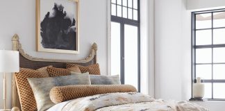 BBH’s Nola bedding collection includes a jacquard duvet, a baby alpaca throw, an embossed velvet booster, and two types of decorative pillows. Photo courtesy of Barrett Bergmann Home