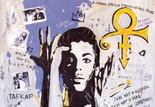 Star Quality with Artist Sara Kissing Prince, acrylic paint, markers, modeling paste, gold pigment, 24-karat gold leaf, charcoal, photos, and epoxy. “Every brushstroke in this piece carries my admiration for Prince’s fearless creativity,” says Sara Kissing. “This painting is a tribute not only to his artistry but also to the way he shaped my own creative journey.”