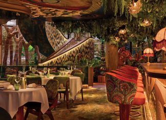 Amazonico’s biophilic dining room features a mix of Art Deco style and Latin American modernism