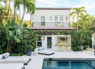 The home’s guest house was once a two-level garage that now serves as an art studio, a pool cabana, and guest accommodations.