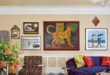 Mid-century lamps and a Billy Baldwin cocktail table pair up in the eclectic and pattern-filled living room. “We were inspired by [the homeowner’s] lifestyle and Major Alley itself,” says Kavanaugh. “This living room is an ideal location for a cocktail party.”